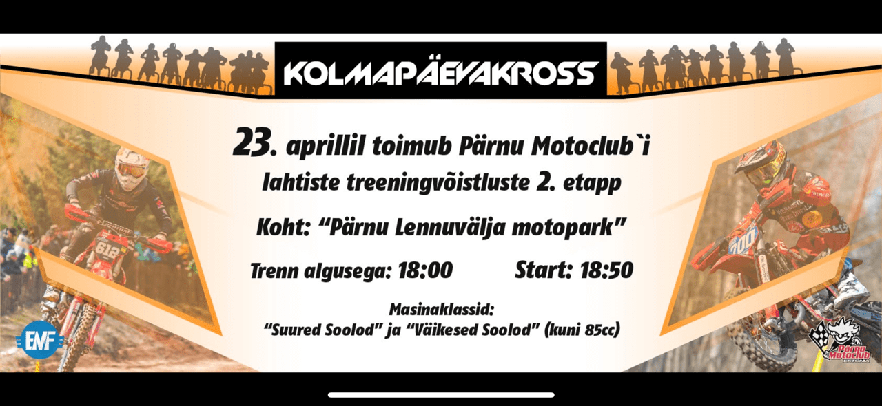 Kolmapäevakrossi 2 etapp 23.04 Pärnu Lennuvälja Motopargis. Trennid algusega 18:00. Suurtele ja väikestele (kuni 85cc) eraldi stardid.
The post Kolmapäevakrossi